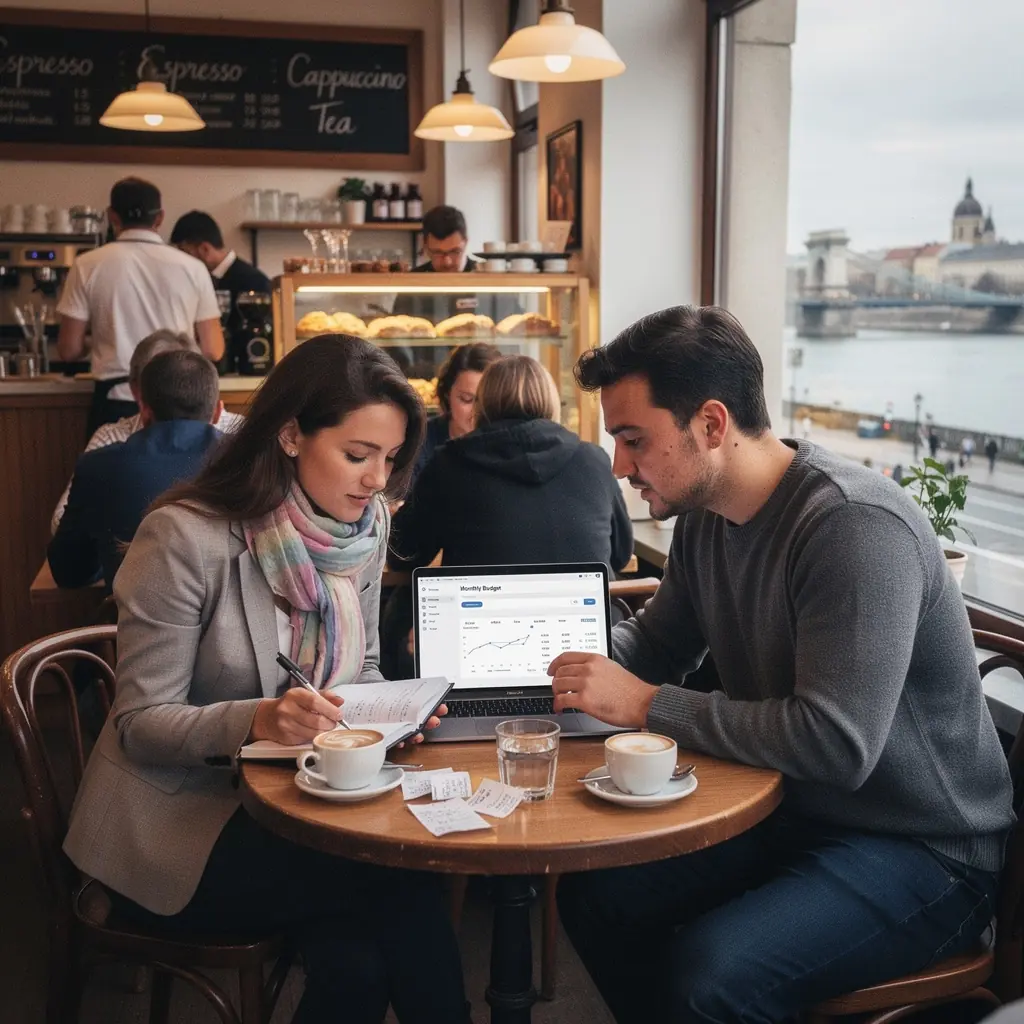 Ember, aki laptop előtt ül, és pénzügyi alkalmazást használ a költségeinek követésére.